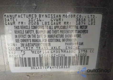 2017 Nissan Sentra Sl z USA, uszkodzony, nr VIN 3N1AB7APXHY218518